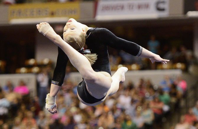 Bailie Key competes in the on floor exercise during senior P&G gymnastics championships at Bankers Life Fieldhouse