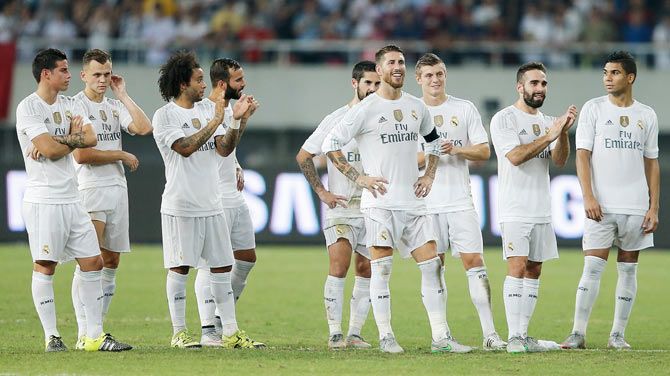 Real Madrid celebrates after winning the International Champions Cup against AC Milan at Shanghai Stadium on July 30