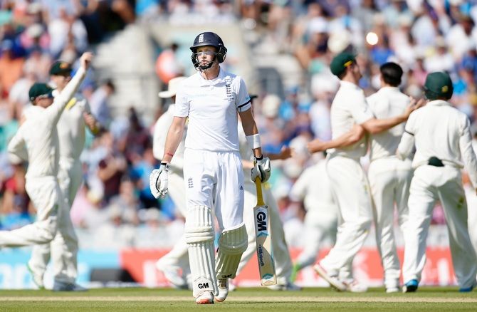 England's Joe Root walks off after being dismissed, caught Mitchell Starc off Mitchell Johnson's bowling. The final Ashes Test, Oval, August 22, 2015. Australia won by an innings and 46 runs, but lost the series 3-2.Photograph: Stu Forster/Getty Images
