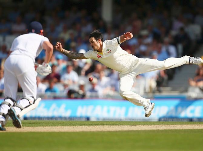 Australia's Mitchell Johnson attempts to catch England's Jonny Bairstow off his own bowling during Day 3 of the 5th Ashes Test at the Kia Oval on Saturday, August 22