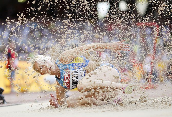 Ukraine's Alina Fodorova competes in the long jump event of the women's heptathlon during the 15th IAAF World Championships at the National Stadium in Beijing, on Sunday, August 23