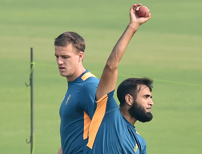 South African players Imran Tahir and Morne Morkel during a practice sesion  