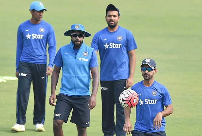 India cricket team members during a practice sesion in New Delhi on Tuesday ahead of the 4th Test 