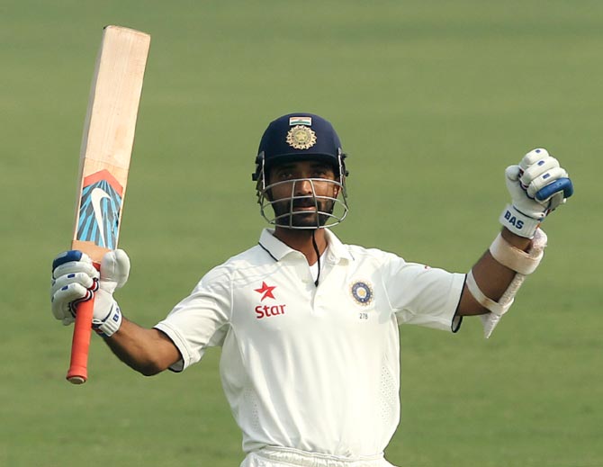 Ajinkya Rahane celebrates after scoring a century in the second innings of the fourth and final Test match against South Africa in Delhi 