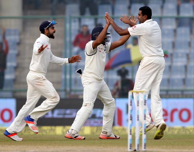 Ravichandran Ashwin of India celebrates the wicket of AB de Villiers of South Africa 