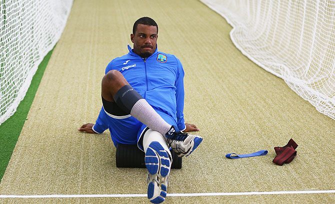West Indies' Shannon Gabriel warms up during a West Indies training session