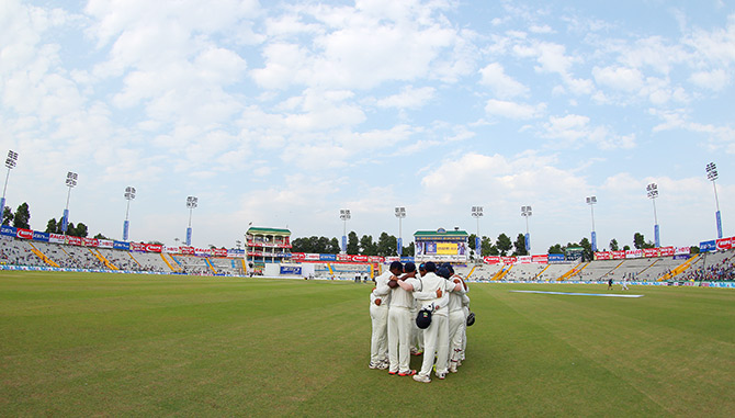 India team huddle during day one in Mohali 