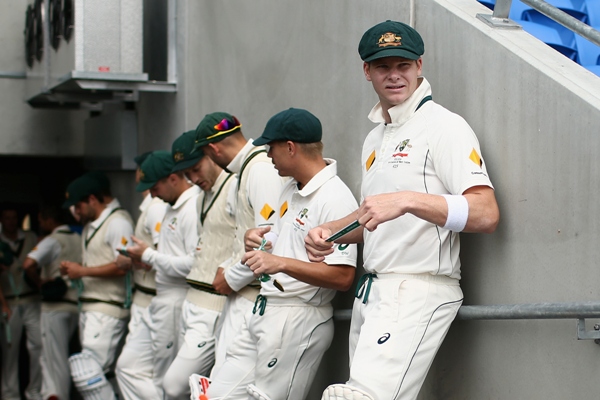Steve Smith of Australia looks out onto the field during the First Test against the West Indies in Hobart 