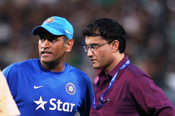MS Dhoni, the limited overs captain of India, chats with former skipper Sourav Ganguly 