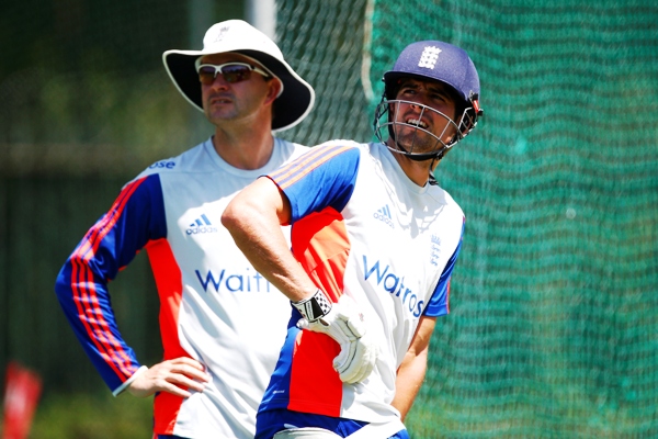 Alastair Cook of England looks on during nets session 