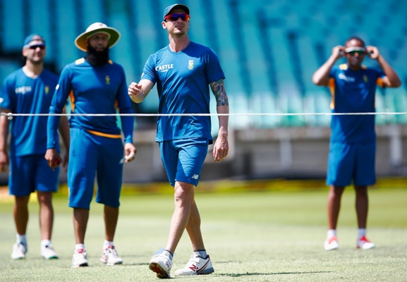 Captain Hashim Amla and Dale Steyn look on during South Africa training session in Durban 