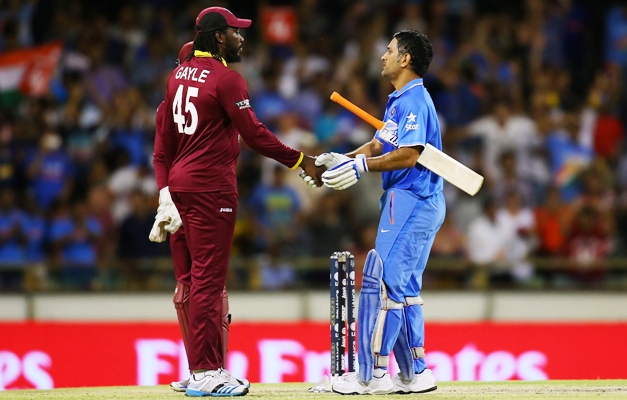 Chris Gayle of the West Indies and MS Dhoni of India 