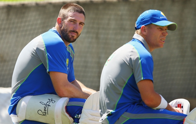 Shaun Marsh (left) sits with David Warner during an Australian nets session 