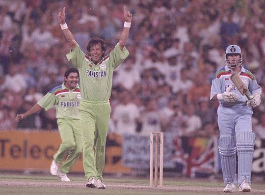 Pakistan captain Imran Khan celebrates winning the 1992 World Cup after defeating England