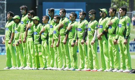 Pakistan players line up for the national anthem