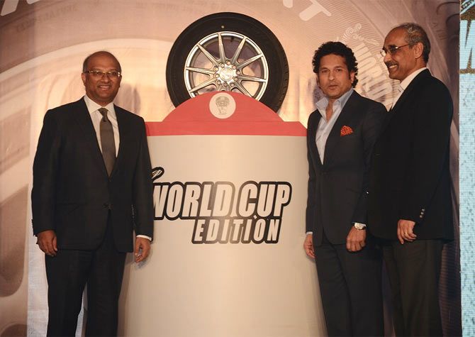 Sachin Trendulkar unveils the special edition tyre at the MRF promotional event on Saturday