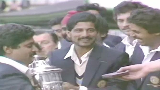 A video grab of Kapil Dev celebrating with teammates, on the Lord's balcony, after winning the 1983 ICC Cricket World Cup