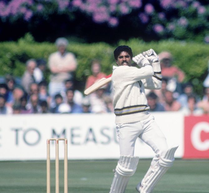 Indian Captain Kapil Dev during his record 175 not out off 138 balls against Zimbabwe in the 1983 World Cup