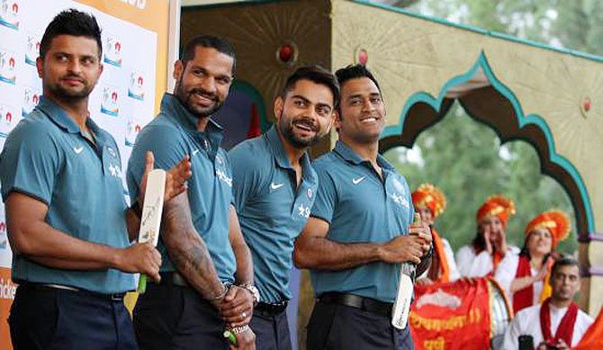 (Left to right) Indian cricket players Suresh Raina, Shikhar Dhawan, Virat Kholi and captain Mahendra Singh Dhoni during the event organised by South Australian Tourism to introduce the Indian cricket team to the local Indian community at the Adelaide Oval on Wednesday