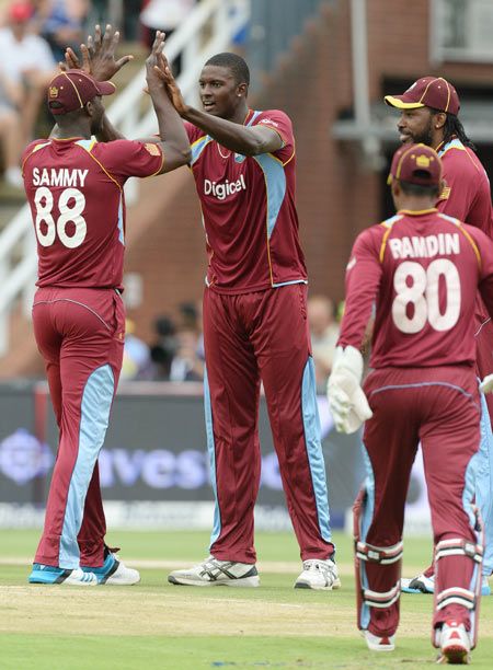 Jason Holder of West Indies celebrates a wicket