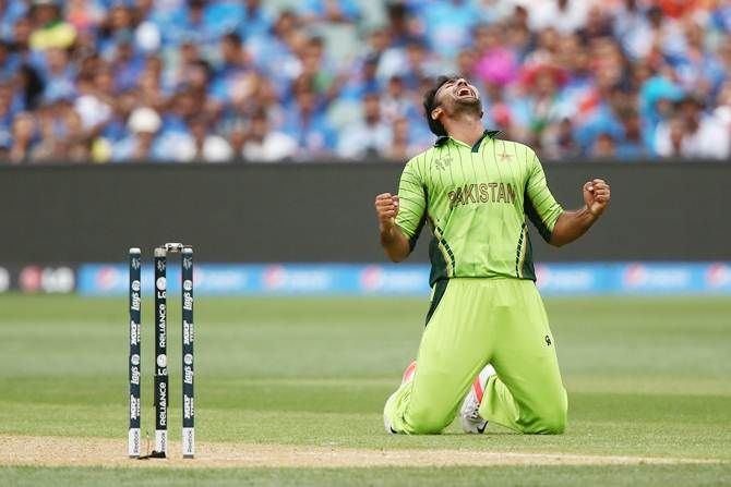 Pakistan pacer Sohail Khan celebrates after dismissing Ajinkya Rahane