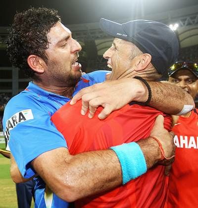 Yuvraj Singh and former India coach Gary Kirsten, now in charge of Delhi Daredevils, after India won the World Cup in 2011