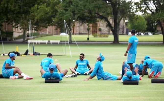  Indian team warm ups during the practice session