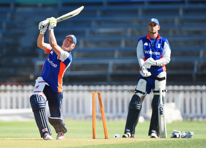 Gary Ballance of England plays a shot as Alex Hales looks on during an England nets session at Basin Reserve in Wellington on Thursday