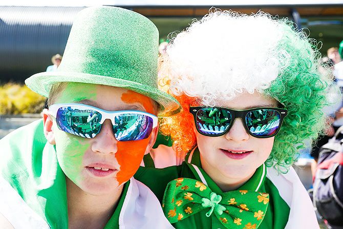 Ireland fans pose during the 2015 ICC Cricket World Cup match between the West Indies and Ireland at Saxton Field