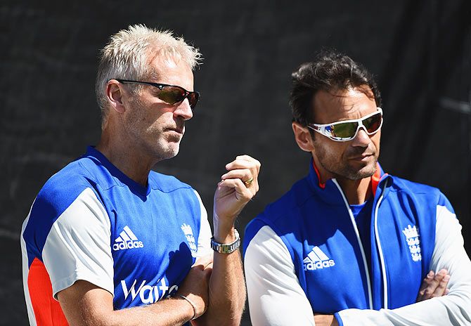 England coach Peter Moores and batting coach Mark Ramprakash during the England nets session