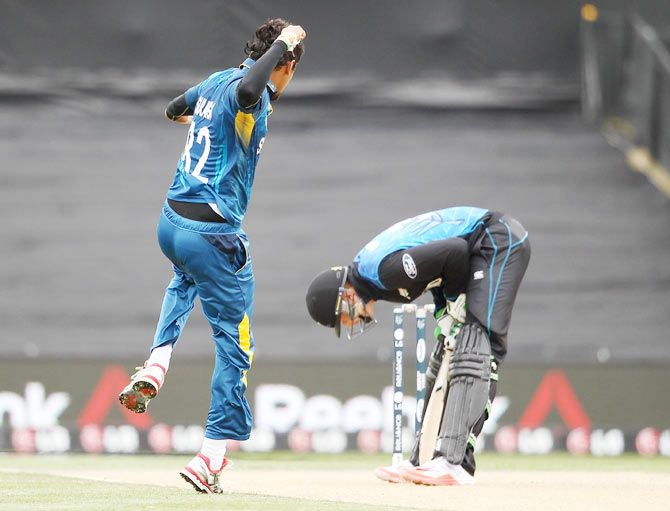 Suranga Lakmal of Sri Lanka celebrates after dismissing New Zealand's Martin Guptill during their match at Hagley Oval in Christchurch on February 14