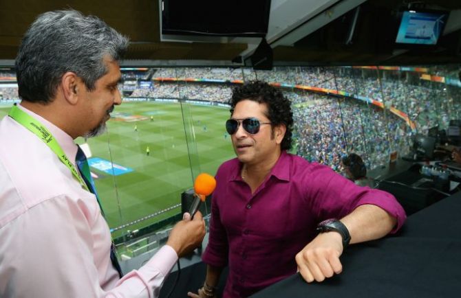 Sachin Tendulkar speaks to the media during the World Cup match between South Africa and India