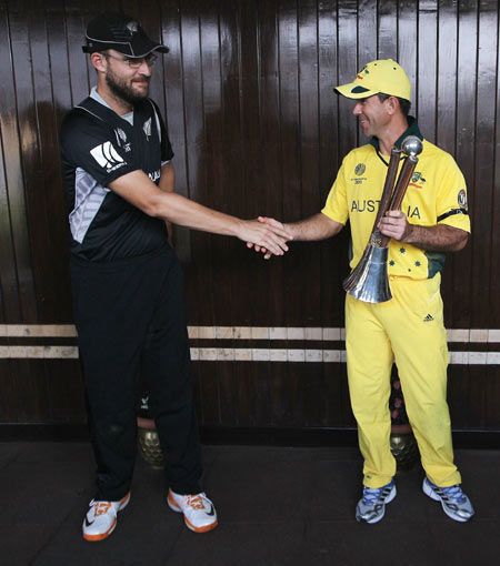 In this file photo, Ricky Ponting of Australia is congratulated by Daniel Vettori of New Zealand on winning the Chappell-Hadlee Trophy during the ICC World Cup Group A match between Australia and New Zealand at Vidarbha Cricket Association Ground in Nagpur on February 25, 2011