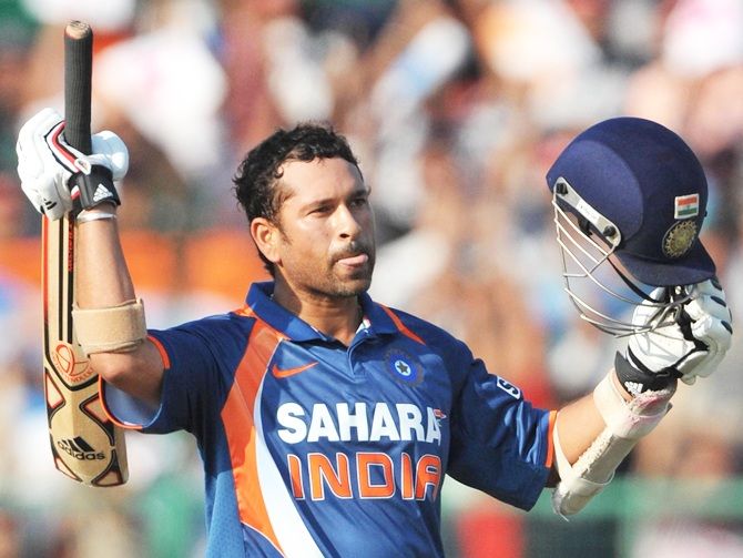 Sachin Tendulkar of India celebrates his 100 during the 2nd ODI between India and South Africa  at Captain Roop Singh Stadium on February 24, 2010 in Gwalior