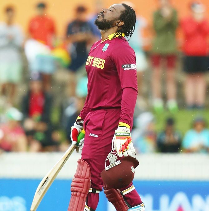 Chris Gayle of West Indies celebrates his double century