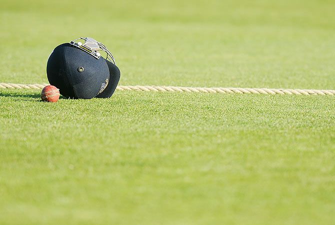 The old ball and players helmet sit on the boundary rope during day one of the LV County Championship match between Sussex and Warwickshire at The Brighton and Hove Jobs County Ground