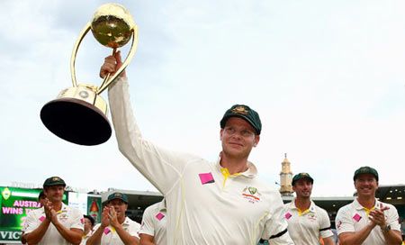 Image: Australia captain Steve Smith holds the Border-Gavskar trophy aloft after winning the series