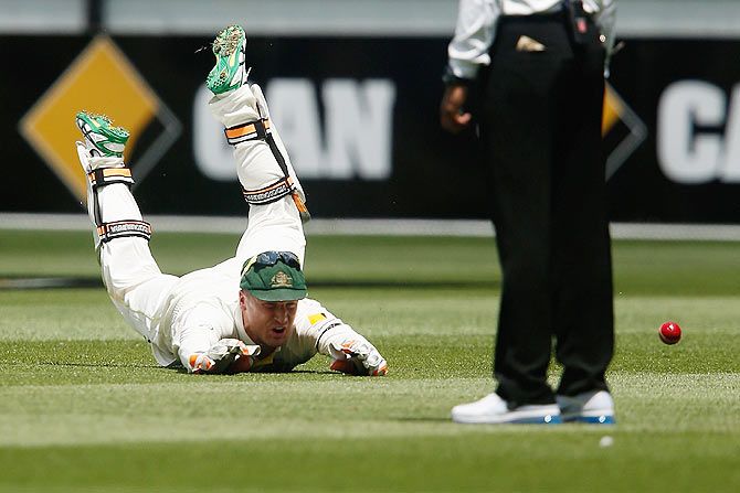 Brad Haddin of Australia drops a catch during day three of the Third Test match between Australia and India at Melbourne Cricket Ground on December 28