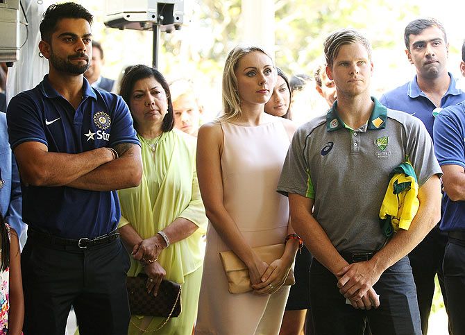 Indian captain Virat Kohli and Australian captain, Steve Smith and his partner Danielle Willis at Kirribilli House on Thursday
