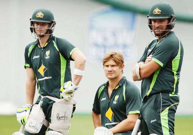 (Left to Right) Steven Smith, Shane Watson and Ryan Harris wait to bat during an Australian nets session at Sydney Cricket Ground