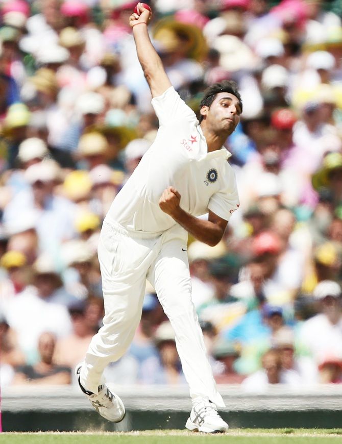 Bhuvneshwar Kumar of India bowls