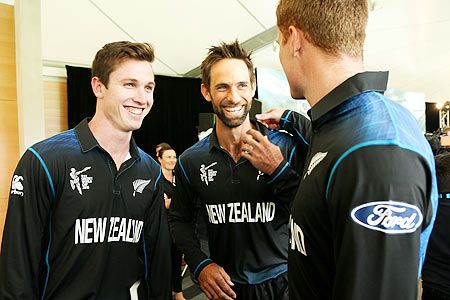  Adam Milne, Grant Elliott and Martin Guptill of New Zealand Black Caps during the New Zealand 2015 ICC Cricket World Cup squad announcement at Hagley Oval in Christchurch on Thursday