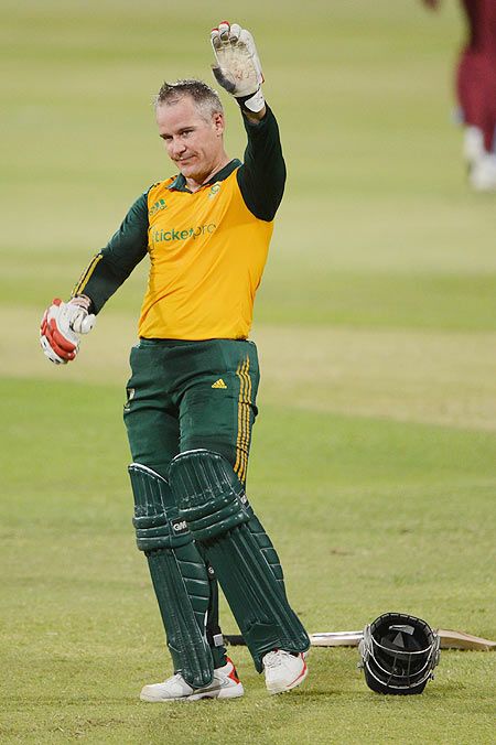 Morne van Wyk of South Africa celebrates his century during the 3rd T20 International against West Indies at Sahara Stadium Kingsmead in Durban on Wednesday