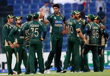 The Pakistan cricket team during the fourth One-Day International against New Zealand at the Sheikh Zayed Stadium in Abu Dhabi on December 17, 2014.