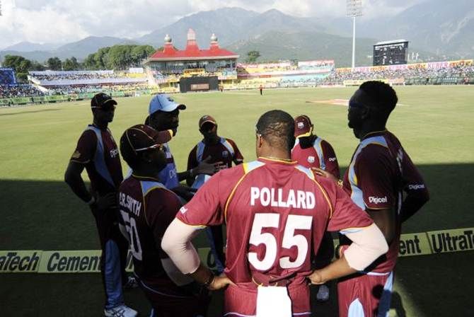 The West Indies players in a huddle before the fourth ODI in Dharamsala