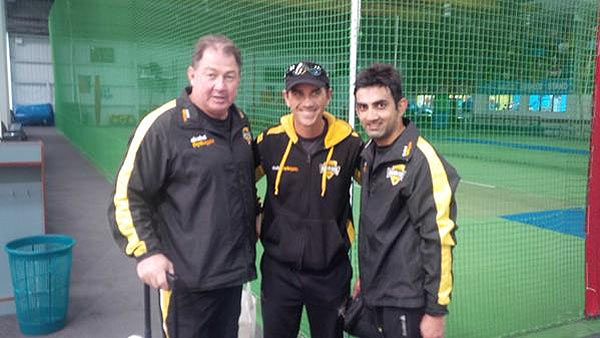 Gautam Gambhir (right) with former Australia players Geoff Marsh and Justin Langer