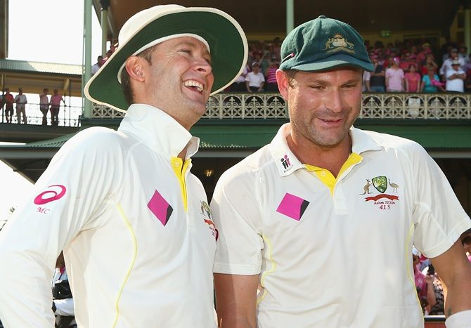 Australian captain Michael Clarke and Ryan Harris