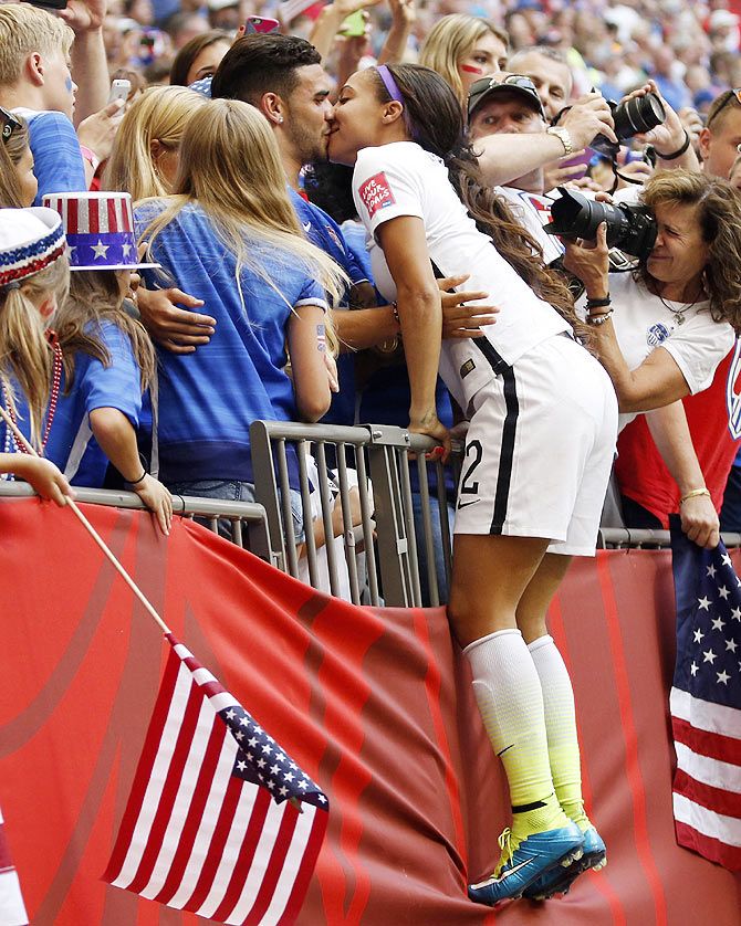 United States forward Sydney (2) celebrates with husband Dom Dwyer