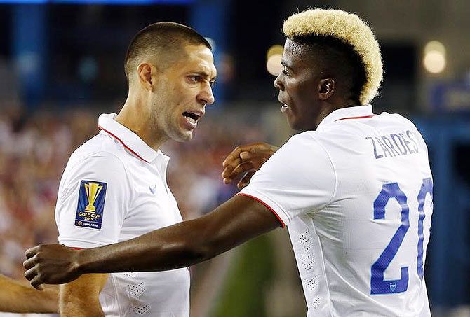 United States forward Clint Dempsey (left) celebrates his goal with teammate Gyasi Zardes who assisted during the second half of their CONCACAF Gold Cup group tie against Haiti at Gillette Stadium in Foxborough, Massachusetts on Friday