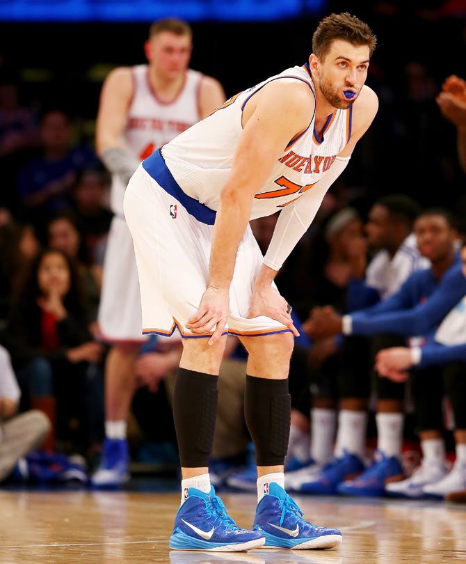 Andrea Bargnani #77 of the New York Knicks reacts